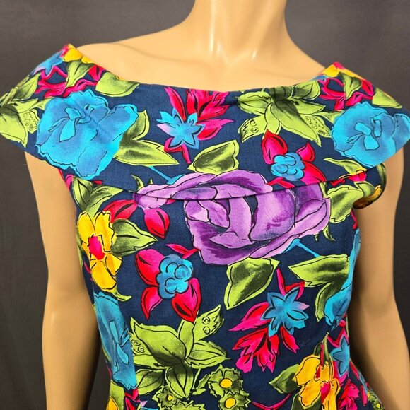 Vintage 80s Floral Swing Dress Size M Crinoline Fit Flare Summer Party Prom - Picture 3 of 12